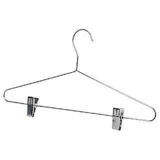 A stylish looking heavy duty hooked coat hanger with skirt clips