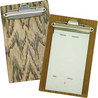 Waiter pad cover in a wooden clipboard style.